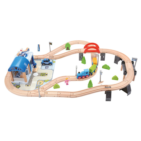 Wooden Rail Way Set with Bridge,  90 pcs.