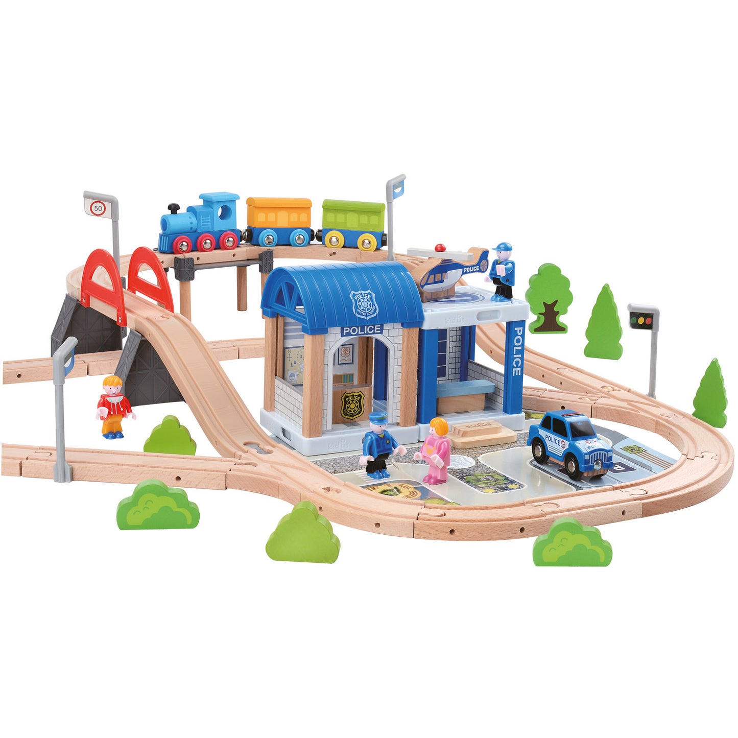 Wooden Rail Way Set with Bridge,  90 pcs.